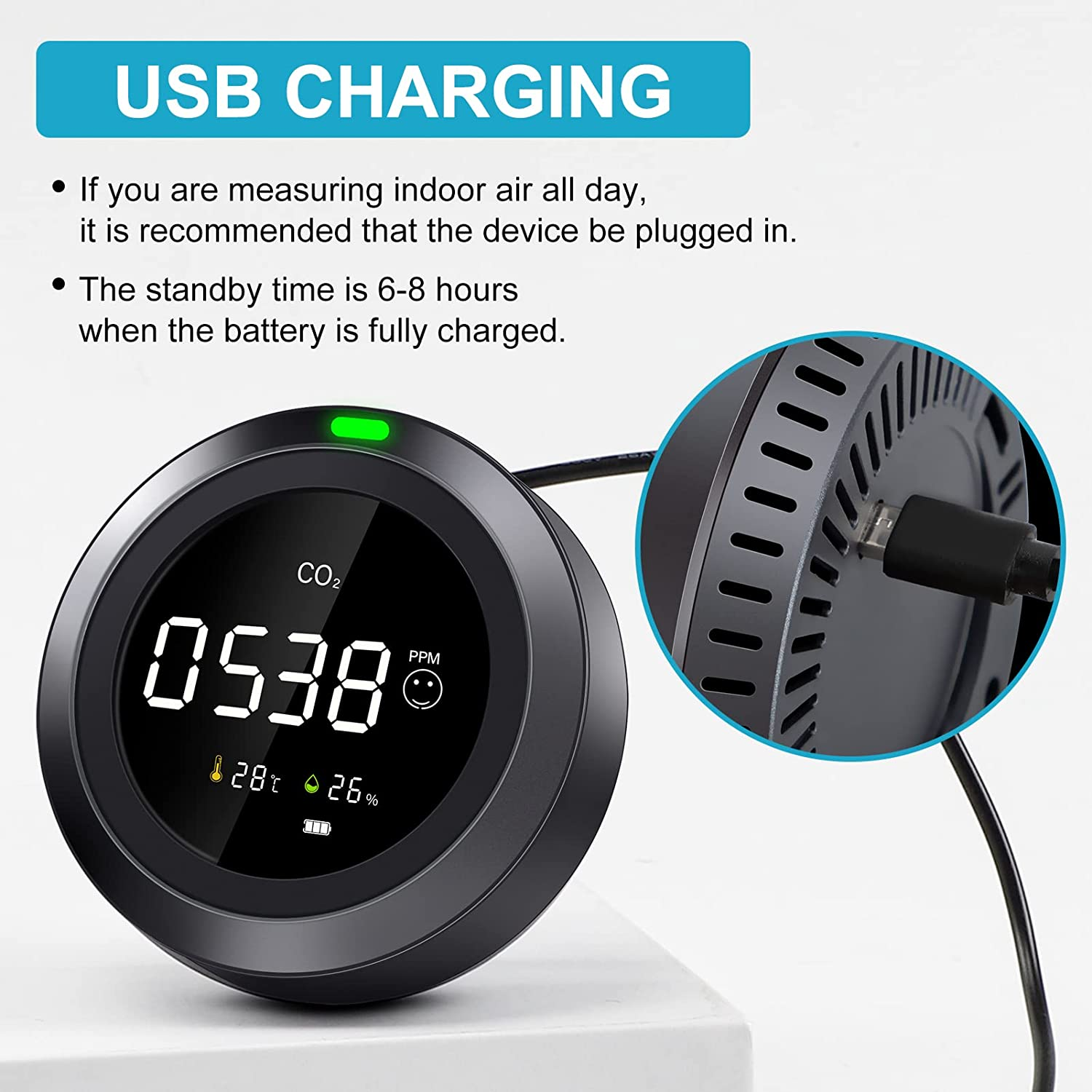 Therm La Mode CO2 messgerät  3-in-1 Messgerät luftqualität, Erkennt Kohlendioxidtemperatur Und Feuchtigkeit, CO2 messgerät raumluft Mit Präzisem NDIR-Sensor, Geeignet Für Zuhause, Büro Und Schule