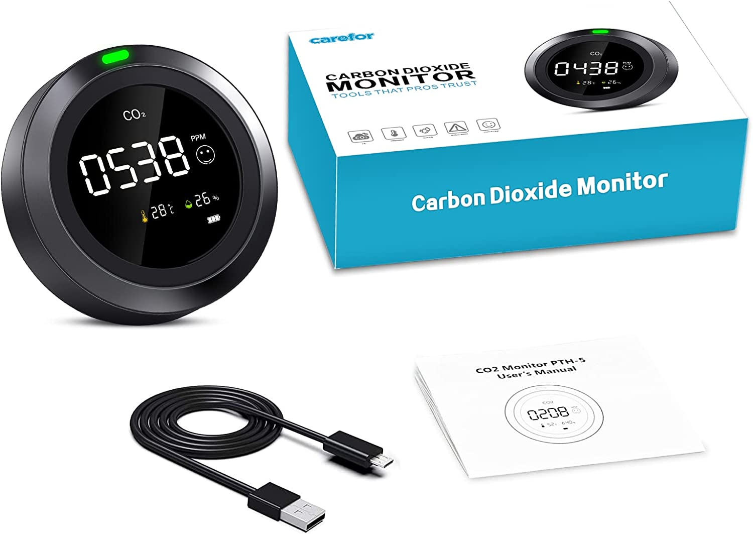 Therm La Mode CO2 messgerät  3-in-1 Messgerät luftqualität, Erkennt Kohlendioxidtemperatur Und Feuchtigkeit, CO2 messgerät raumluft Mit Präzisem NDIR-Sensor, Geeignet Für Zuhause, Büro Und Schule