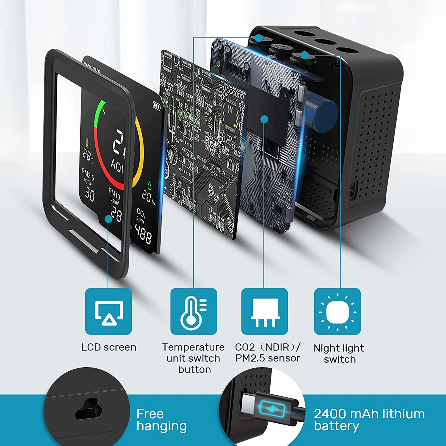 Therm La Mode Multifunktions Luftqualität Messgerät Erkennt PM 2.5, PM 10, CO2, AQI, Temperatur und Luftfeuchtigkeit, NDIR- und Partikelsensor CO2 messgerät ,Echtzeitanzeige Feinstaubmessgerät