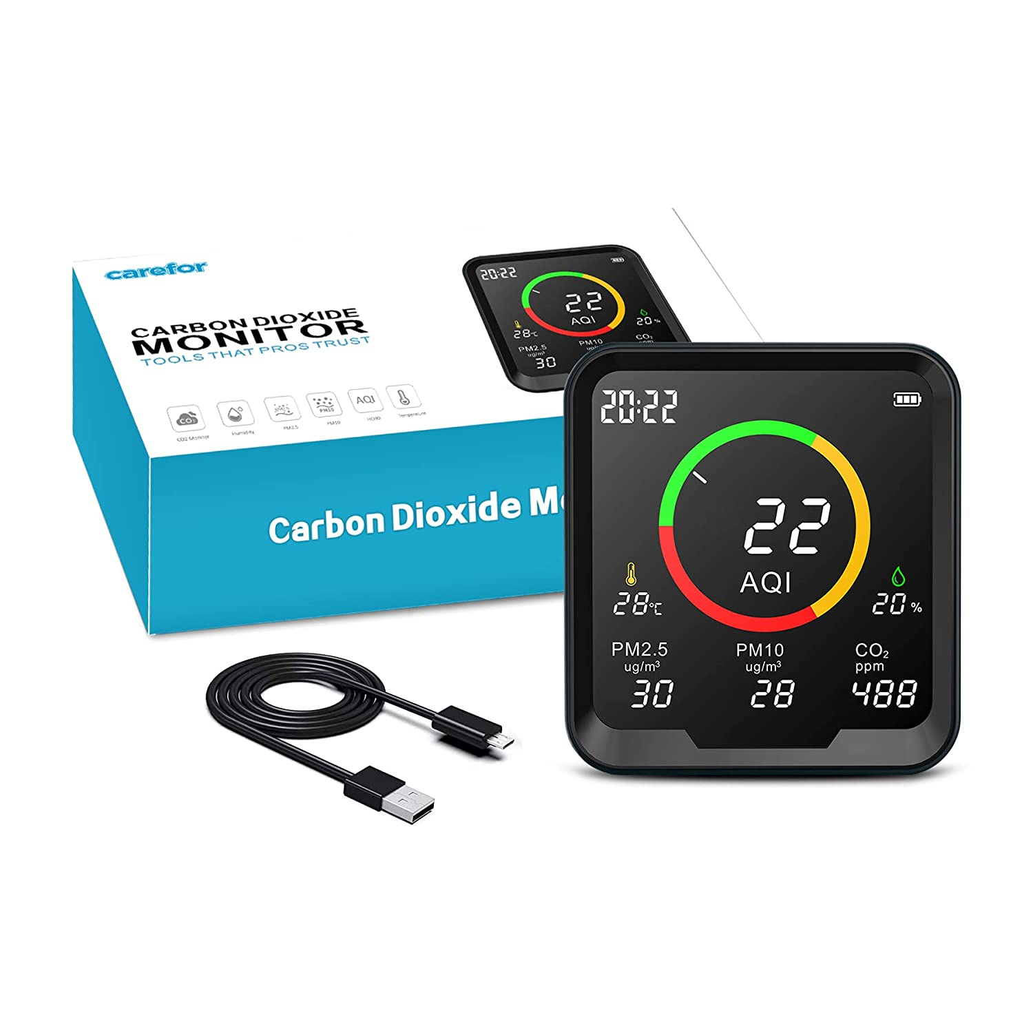 Therm La Mode Multifunktions Luftqualität Messgerät Erkennt PM 2.5, PM 10, CO2, AQI, Temperatur und Luftfeuchtigkeit, NDIR- und Partikelsensor CO2 messgerät ,Echtzeitanzeige Feinstaubmessgerät