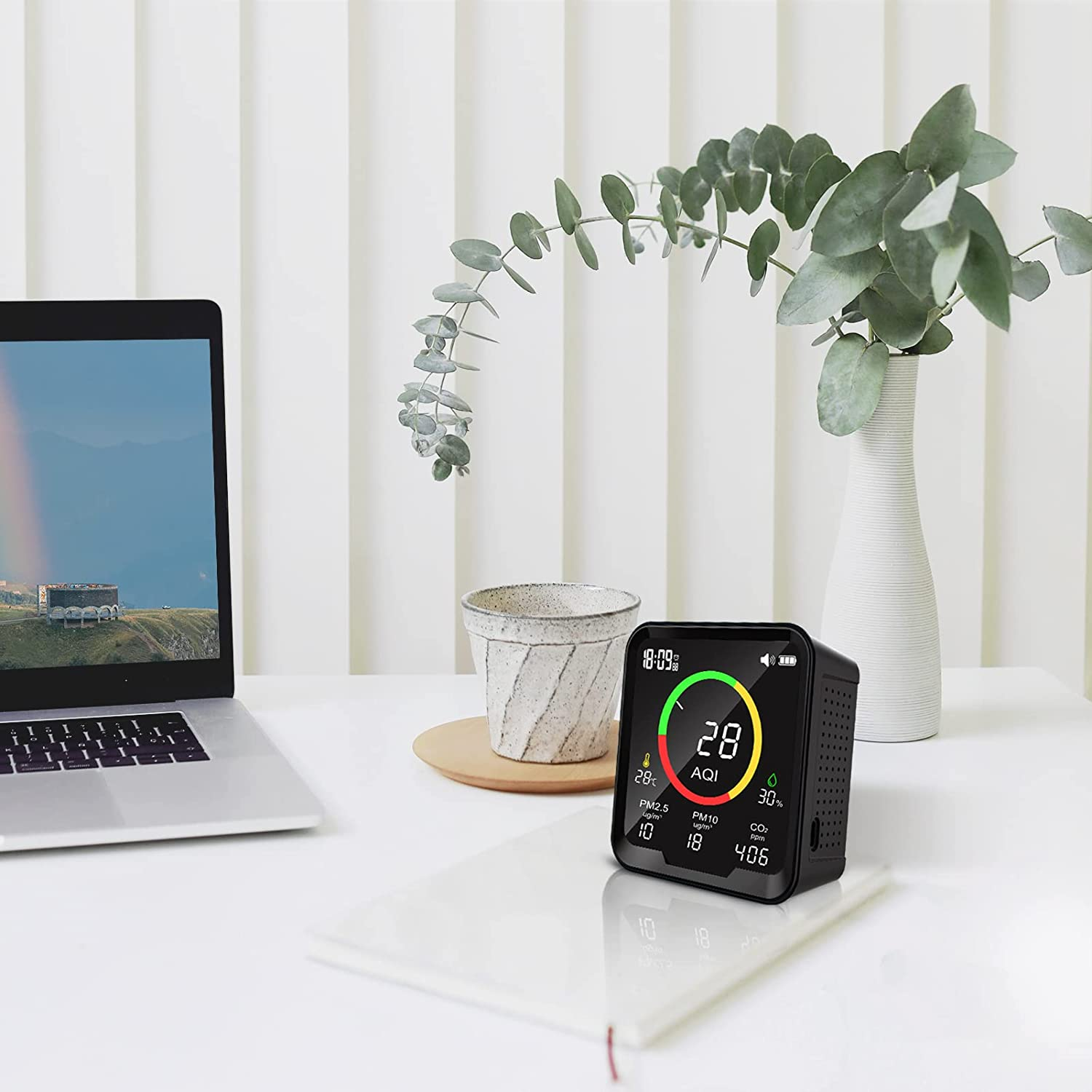 Therm La Mode Multifunktions Luftqualität Messgerät Erkennt PM 2.5, PM 10, CO2, AQI, Temperatur und Luftfeuchtigkeit, NDIR- und Partikelsensor CO2 messgerät ,Echtzeitanzeige Feinstaubmessgerät